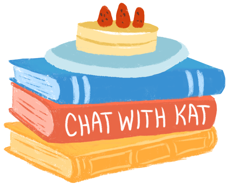 Chat With Kat, book stack and waffles